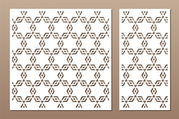 Set decorative card for cutting. Line, star, arabesque pattern. Laser cut. Ratio 1:1, 1:2. Vector illustration.