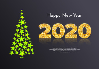 Holiday gift card Happy New Year. Golden numbers 2020 and Christmas tree from green stars on dark background. Celebration decor. Vector