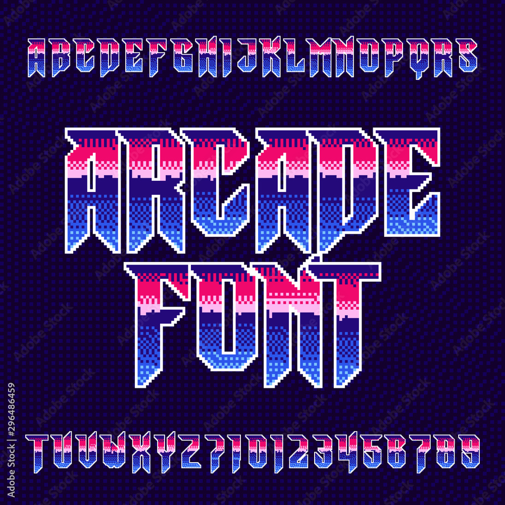 Poster arcade alphabet font. pixel letters and numbers in heavy metal style. 80s retro video game typeface.