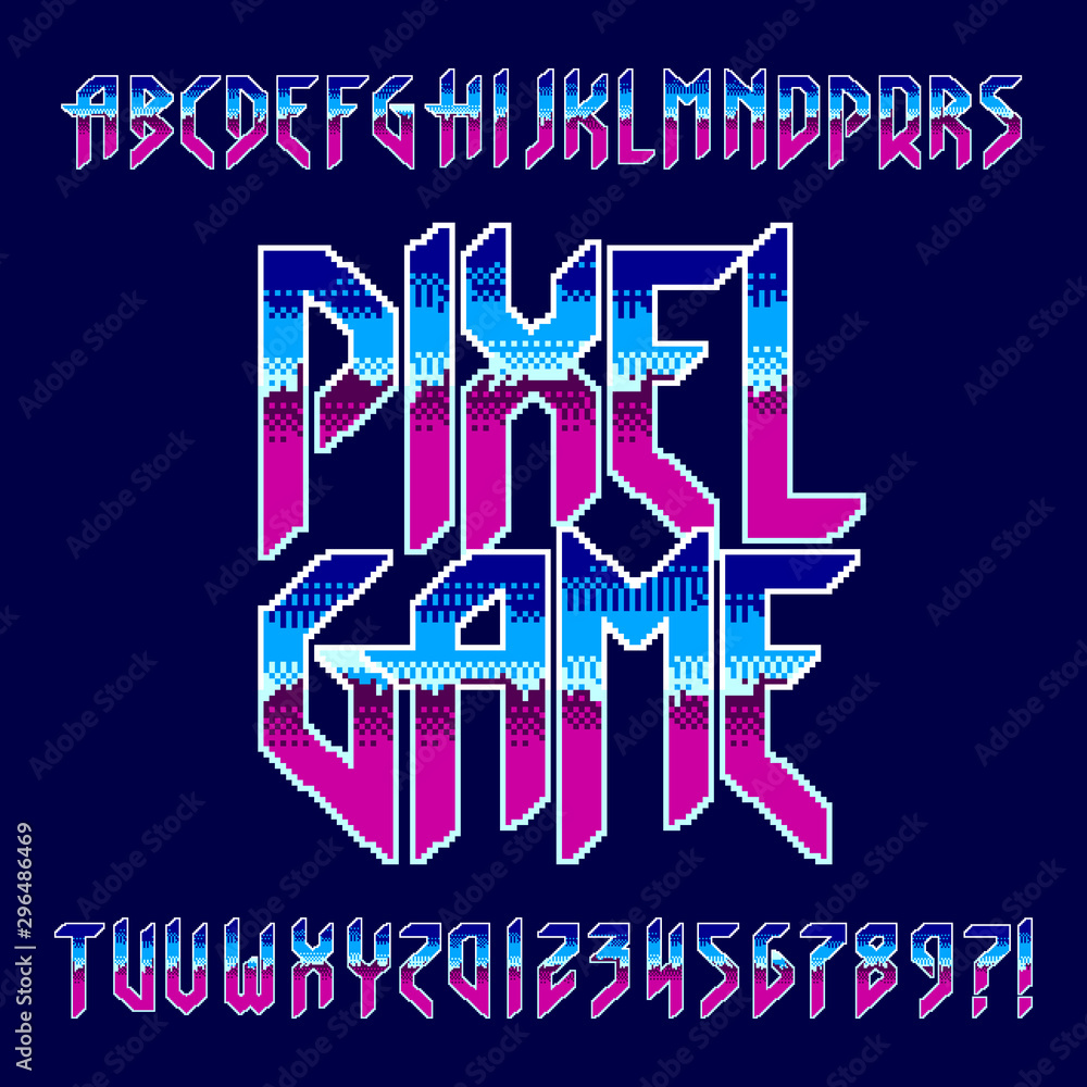 Fototapete Pixel Game alphabet font. Retro digital letters and numbers in hard rock style. 80s arcade video game typescript.