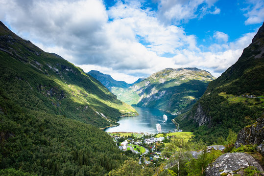 Beautiful aerial landscape view Geiranger village, harbor and fjord in More og Romsdal county in Norway.