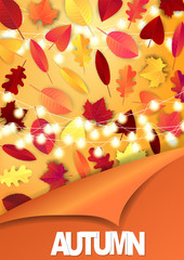 Autumn design poster or flyer. Orange and red falling leaves, glowing lights garland and peeling off wrapping paper. Seasonal design concept. Vector illustration.