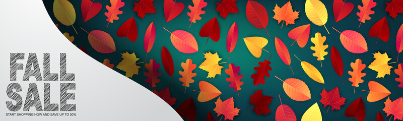 Fototapeta na wymiar Fall sale banner or site header. Concept for advertising, promo, decoration. Red and orange tree leaves on green background and space for typography. Vector illustration.