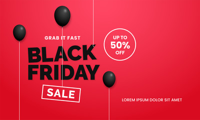 Black friday sale poster background social media promotion template web banner design with black balloon ornament on red backdrop wall vector illustration