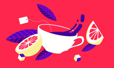 Tea time pop art style. tea leaves, tea, cup, glass, isometric illustration, set
