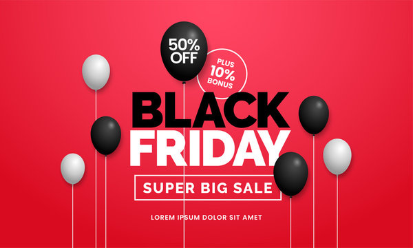 Black friday sale 50% off poster background social media promotion web banner template design with black balloon ornament on red backdrop wall vector illustration