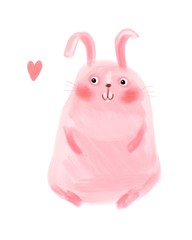 Cute pink bunny in love on white background. Funny cartoon watercolor rabbit with heart