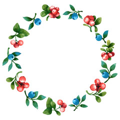 Watercolor vector wreath with leaves and berries