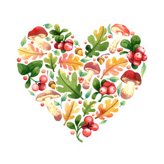 Vector heart shape with leaves, berries and mushrooms