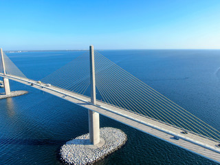 Aerial view of Sunshine Skyway, Tampa Bay Florida, USA. Big steel cable suspension bridge.