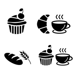 Set of icons: cupcake, bread, muffin, coffee cup, croissant, long loaf. Vector illustrations of pastry, sweets and drinks isolated on the white background. Coffee break, breakfast menu.