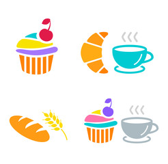 Set of icons: cupcake, bread, muffin, coffee cup, croissant, long loaf. Colorful vector illustrations of pastry, sweets and drinks isolated on the white background. Coffee break, breakfast menu.