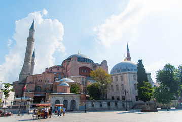 Fototapeta na wymiar Istanbul / Turkey - July 6, 2019 : Hagia Sophia on a sunny summer day, Istanbul, Turkey
