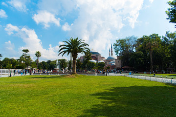 Istanbul / Turkey - July 6, 2019 : Hagia Sophia on a sunny summer day, Istanbul, Turkey