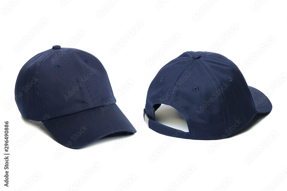 Wall mural blue Baseball cap isolated on white background. Front and back view.