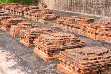 Old bricks structure near Dhamekh stupa in Sarnath, the birth place of Buddha in Varanasi, India