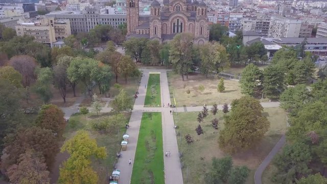 Establishing aerial shot of Tasmajdan Park and St Marko church in Belgrade