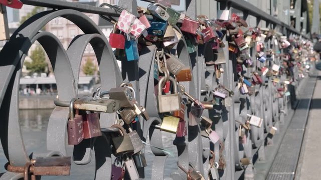 Close up of promise locks at Eiserner Steg bridge, Germany during daytime