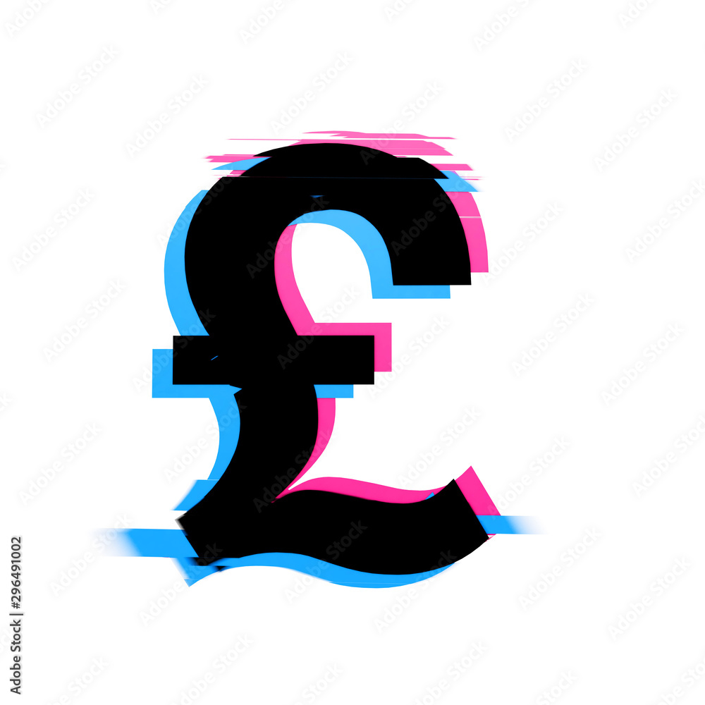 Poster pound sterling symbol distorted neon glitch effect text font. 3d render