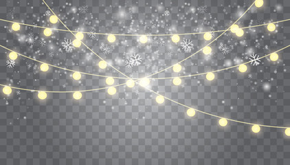 Falling white snow with glowing garland.