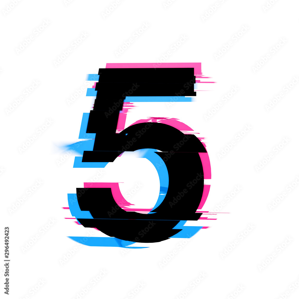 Poster number 5 distorted neon glitch effect text font. 3d render