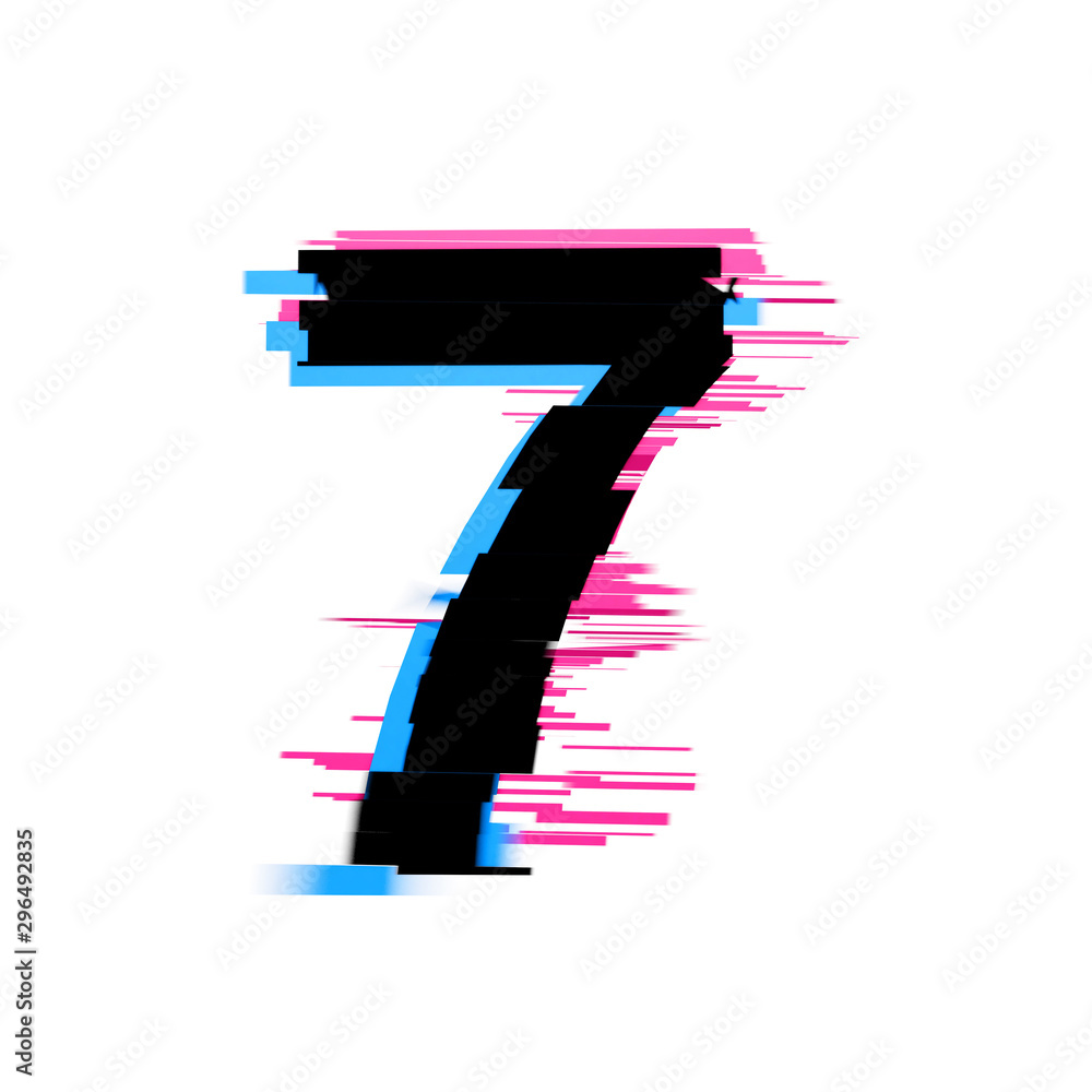 Poster number 7 distorted neon glitch effect text font. 3d render