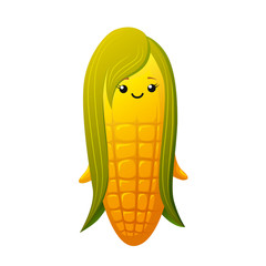 Cute corn girl character. Kawaii vegetable vector character isolated on white background