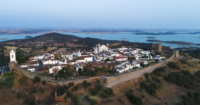 Aerial view of the beutiful historical village of Monsaraz, in Alentejo, Portugal;