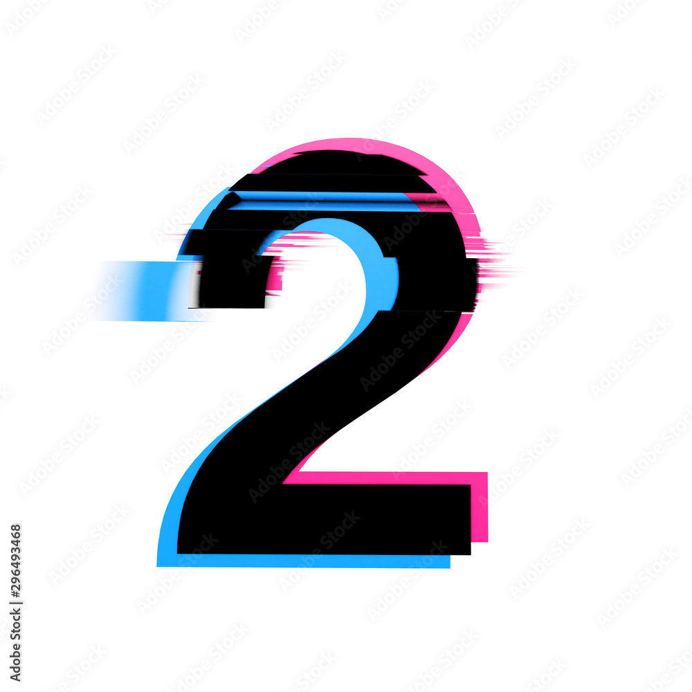 Poster number 2 distorted neon glitch effect text font. 3d render
