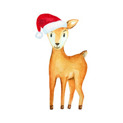 Watercolor cute little deer with santa red hat, isolated on white background. Hand painted forest animal. Decorative element, symbol of winter holidays for cards.