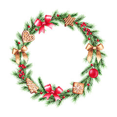 Watercolor Christmas wreath with fir branches, berries, bows, Gingerbread Cookie and place for text. Illustration for greeting cards and invitations isolated on white background.
