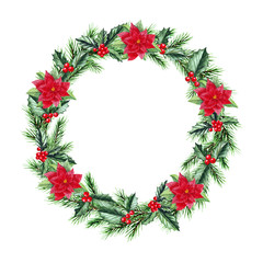 Fototapeta na wymiar Watercolor Christmas wreath with fir branches, berries, holly, poinsettia and place for text. Illustration for greeting cards and invitations isolated on white background.