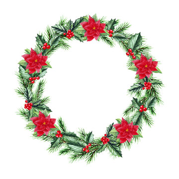 Watercolor Christmas wreath with fir branches, berries, holly, poinsettia and place for text. Illustration for greeting cards and invitations isolated on white background.