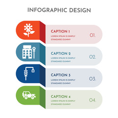 4 colorful filled icons set such as car, traffic light, motel, flowers