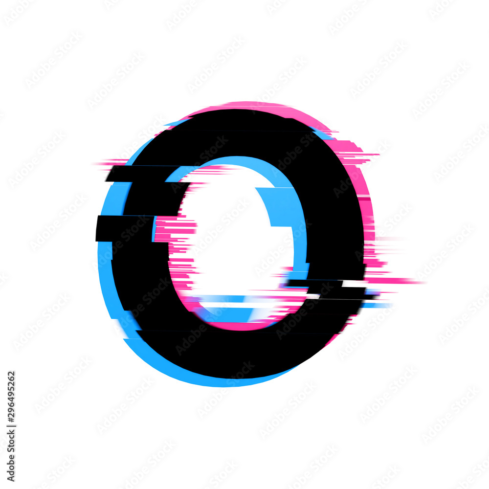 Poster letter o distorted neon glitch effect text font. 3d render