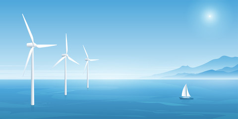 Windmill farm green energy in the ocean, eco-energy concept backgrounds. Wind power technology. Vector illustration.