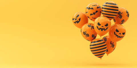 Balloons on a yellow background. 3d render illustration. Illustration for the holiday Halloween. Sale and discounts.