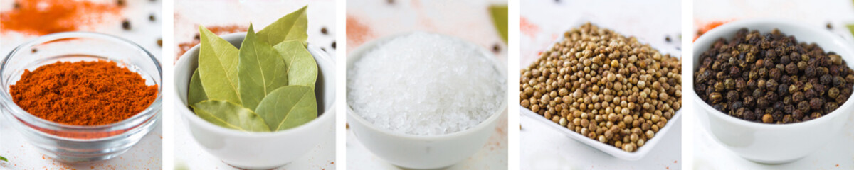 Collage of colorful spices on a white background. Salt, paprika, bay leaf, pepper, coriander.