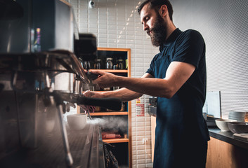 Barista preparing cappuccino on espresso machine for customer in coffee shop.