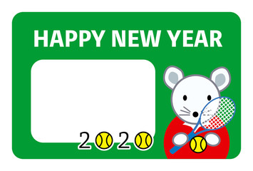 年賀状　横書きテンプレート　2020　子年　テニス　フォトフレーム　ねずみ