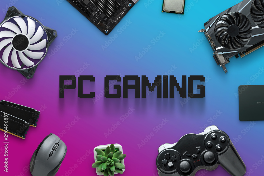 Fototapete assembling gaming computer concept with text in the middle. pc gaming composition with computer comp