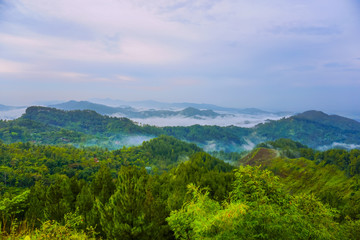 Beautiful landscape in the mountains at sunrise. Buluh Payung Hill, Kebumen, Central Java, Indonesia