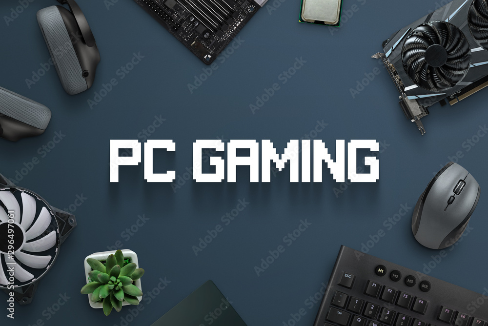 Poster pc gaming concept scene with text and gaming computer components. top view, flat lay, close-up.