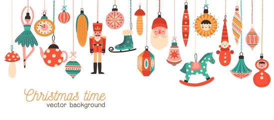 Christmas time flat banner vector template. Xmas tree decorations illustration with typography. Decorative toys hanging on strings. Traditional new year celebration accessories on white background.