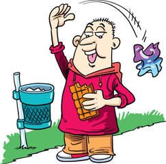 the boy throws garbage on the street