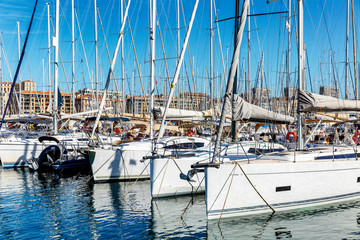 Sailing yachts in the marina. Bright sunny day. Beautiful view.