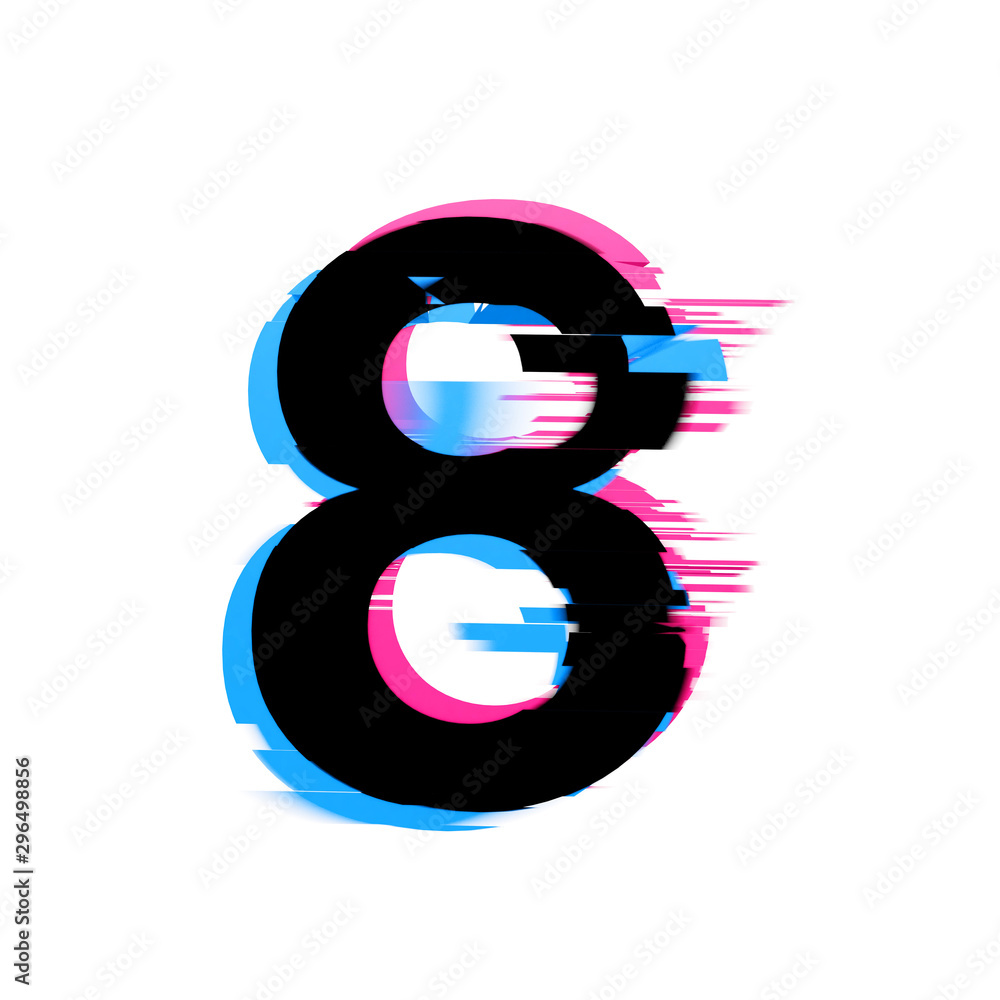 Poster number 8 distorted neon glitch effect text font. 3d render