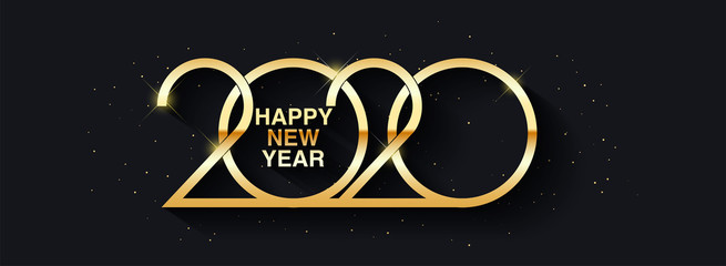 Happy New Year 2020 text design. Vector greeting illustration with golden numbers. Merry christmas and happy new year 2020 vector greeting card and poster design.