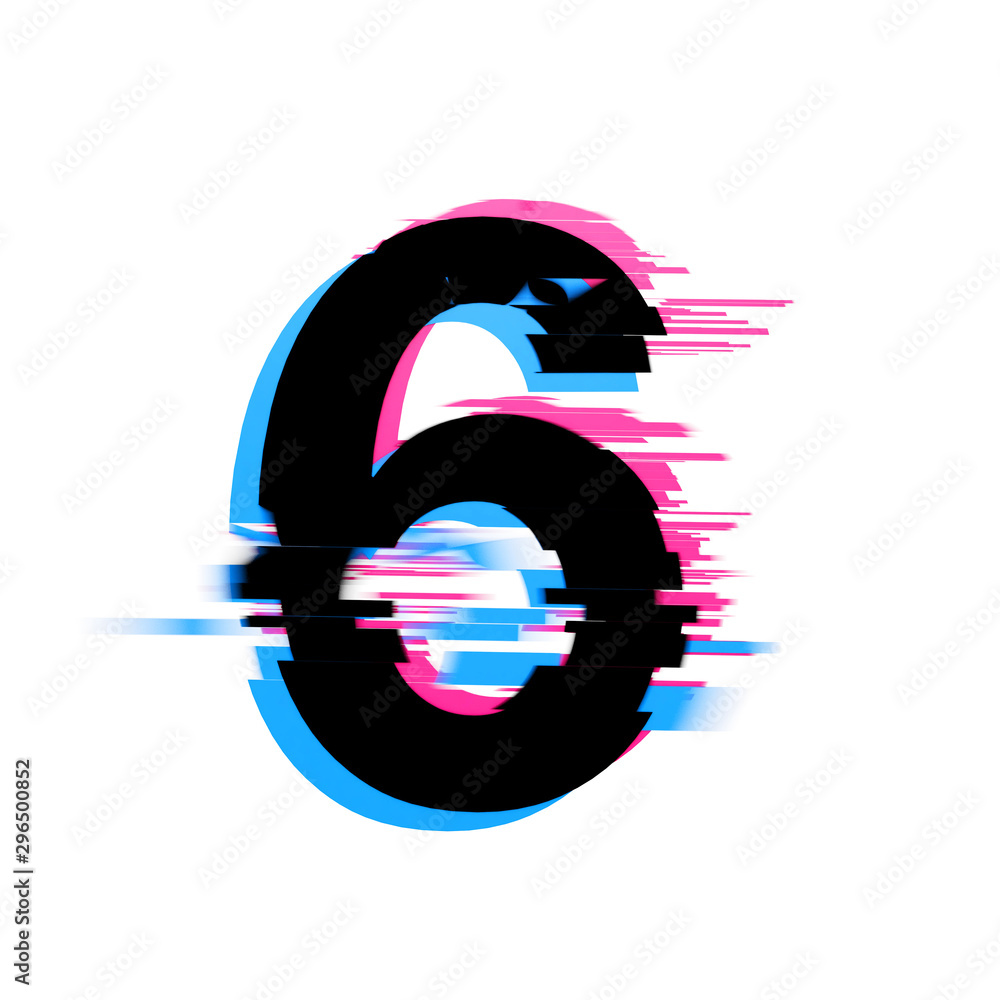 Poster number 6 distorted neon glitch effect text font. 3d render