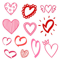 Abstract colorful hearts on isolated white background. Hand drawn set. Colored illustration